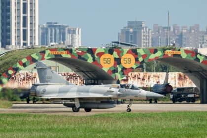 A Taiwanese Air Force Mirage 2000 fighter jet is seen on the tarmac of an air force base i