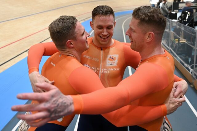 Team work: Harrie Lavreysen (C) with Dutch teammates Roy Van Den Berg (R) and Jeffrey Hoog