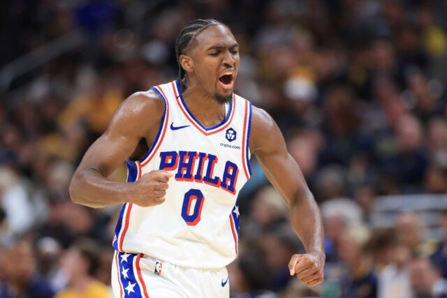 Tyrese Maxey of the Philadelphia 76ers reacts during an NBA victory over the Indiana Pacer