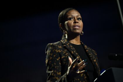 Former US first lady Michelle Obama speaks at a Kamala Harris rally in Kalamazoo, Michigan