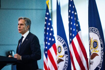 US Secretary of State Antony Blinken delivers remarks at the Foreign Service Institute in