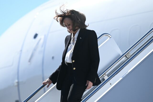 US Vice President Kamala Harris arrives in Greenville, North Carolina for a campaign event