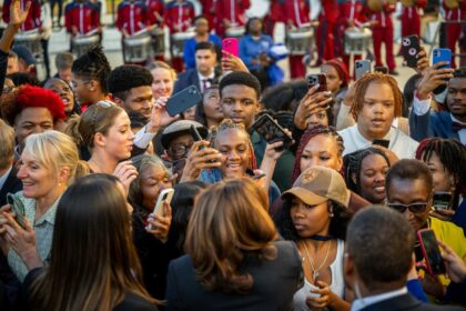 Vice President Kamala Harris greets supporters at a rally at HBCU South Carolina State Uni