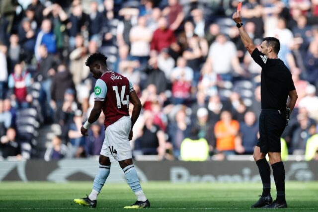 West Ham midfielder Mohammed Kudus is sent off at Tottenham