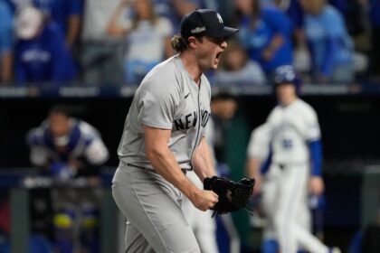 New York Yankees pitcher Gerrit Cole reacts during the seventh inning of a series-clinchin