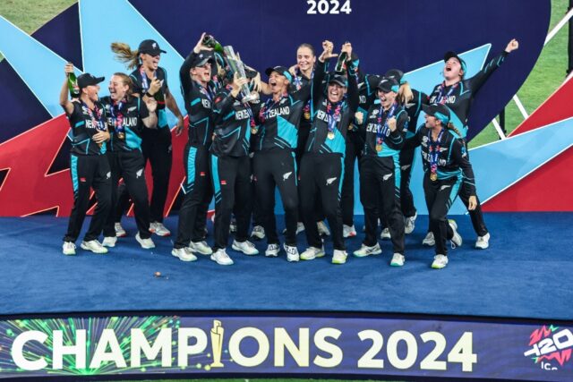 New Zealand celebrate winning the Women's T20 World Cup cricket after beating South Africa