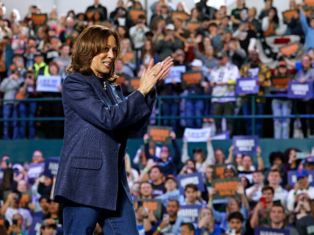 US Vice President and Democratic presidential nominee Kamala Harris walks on stage as she