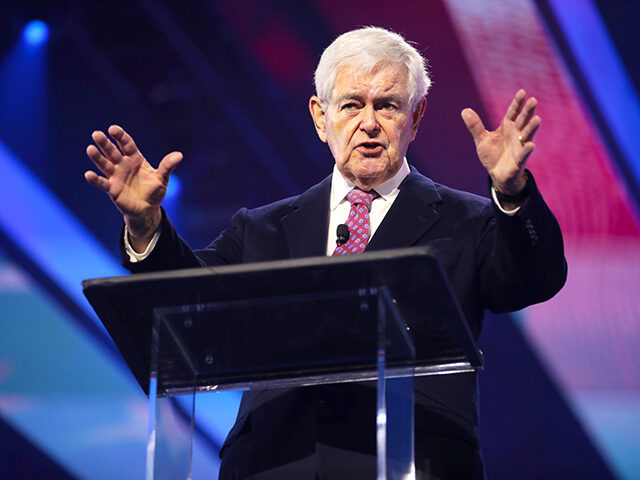 Former Speaker of the House Newt Gingrich speaking with attendees at the 2022 AmericaFest