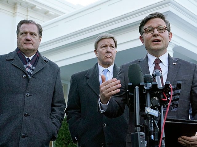 House Speaker Mike Johnson of La., second from right, flanked by, from left, Rep. Mike Tur