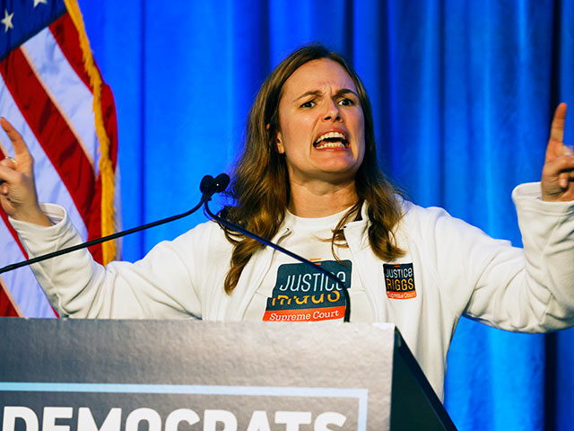 Democratic candidate for the North Carolina Supreme Court Allison Riggs speaks at a primar