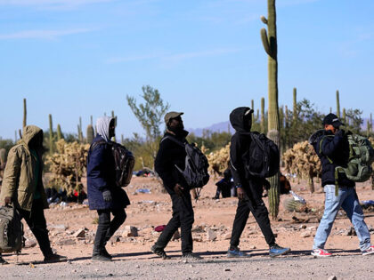 A group of migrants walk to a van as hundreds of migrants gather along the border Tuesday,