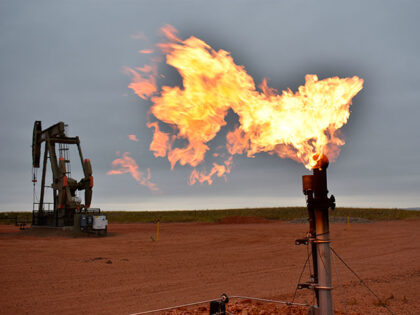 A flare burns natural gas at an oil well in Watford City, N.D., on Aug. 26, 2021. (AP Phot