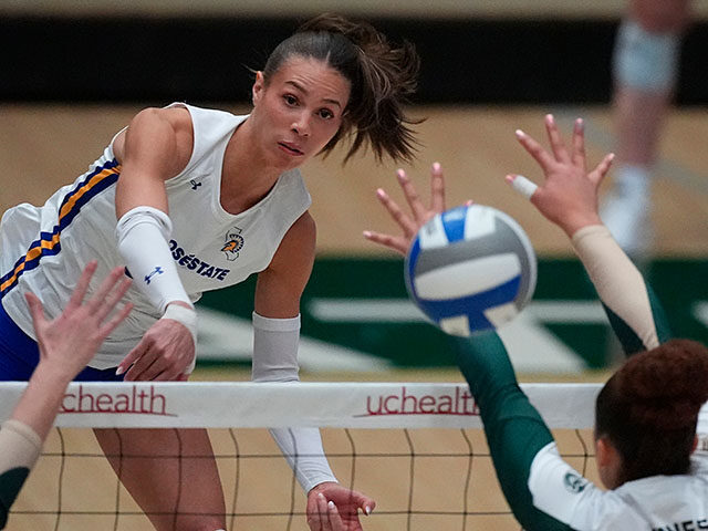 San Jose State outer hitter Blaire Fleming returns the ball to Colorado State in the first