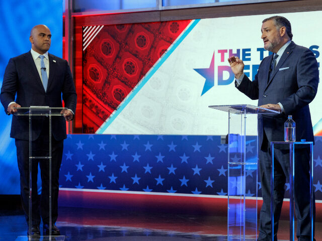 Sen. Ted Cruz, R-Texas, right, speaks during a U.S. Senate debate with Rep. Colin Allred,