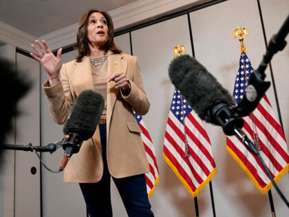 Democratic presidential nominee Vice President Kamala Harris speaks to the media at the Pf