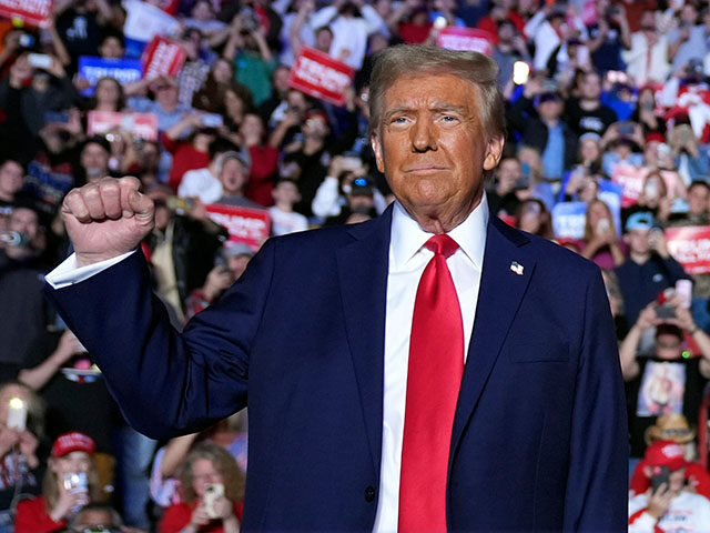 Republican presidential nominee former President Donald Trump arrives at a campaign rally