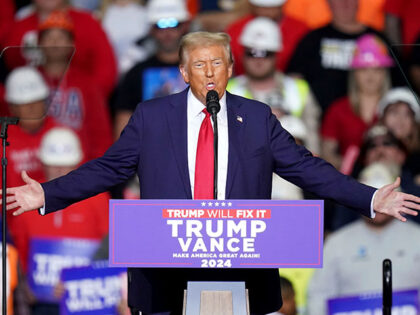 Republican presidential nominee former President Donald Trump speaks at a campaign rally a