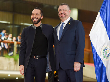 El Salvador President Nayib Bukele, left, and Costa Rica's President Rodrigo Chaves pose f