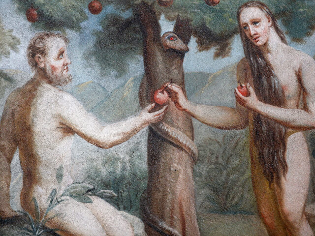 Saint Jacques collegiate church. Painting. Adam and Eve. Original sin. - stock photo