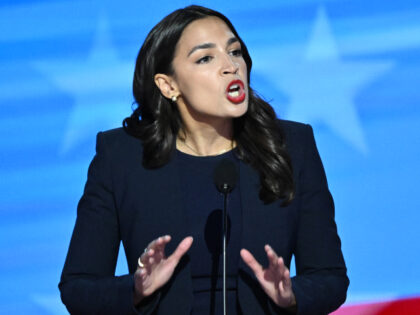 US Representative Alexandria Ocasio-Cortez (D-NY) speaks on the first day of the Democrati