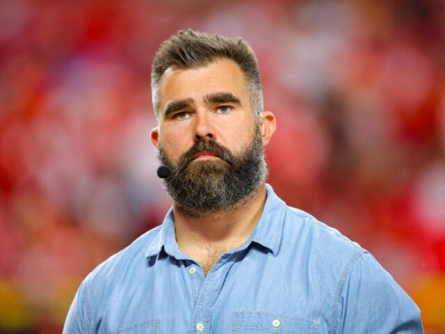 KANSAS CITY, MISSOURI - OCTOBER 7: Jason Kelce works as a broadcaster on Monday Night Foot