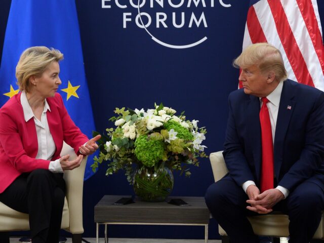 US President Donald Trump speaks with European Commission President Ursula von der Leyen p