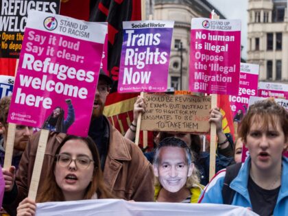 Student anti-racist campaigners march from the BBC's Broadcasting House to Downing Street