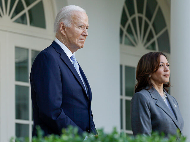 U.S. President Joe Biden and U.S. Vice President Kamala Harris listen as Second gentleman