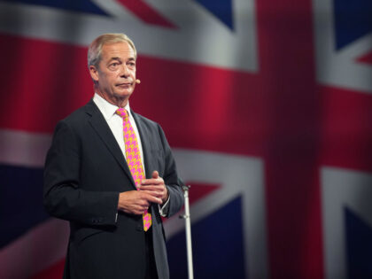 BIRMINGHAM, ENGLAND - SEPTEMBER 20: Nigel Farage Leader of Reform UK, gives a speech at th