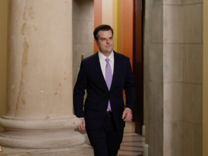 Rep. Matt Gaetz (R-FL) walks out of Speaker Mike Johnson's offices at the U.S. Capitol on