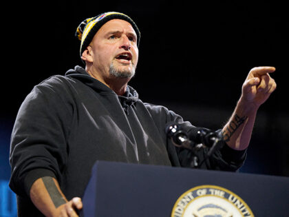 Senator John Fetterman speaks during a campaign event for Vice President and Democratic pr