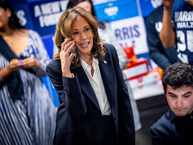 Democratic presidential nominee, U.S. Vice President Kamala Harris drops by a phone bank e