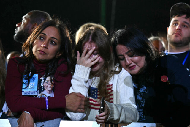 TOPSHOT - Supporters react to election results during an election night event for US Vice