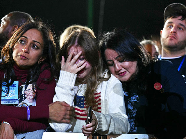 Supporters react to election results during an election night event for US Vice President