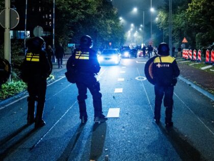 Police officers from the Mobile Unit (ME) secure during a pro-Palestinian demonstration on