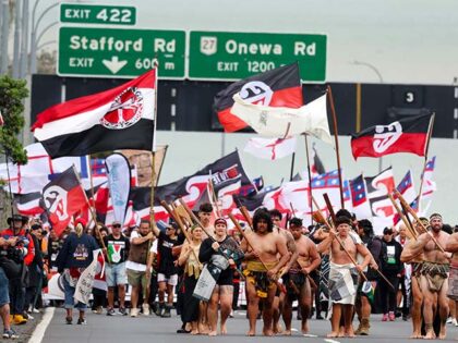 Hikoi members walk across the Auckland Harbour Bridge on day three of a nine-day journey t