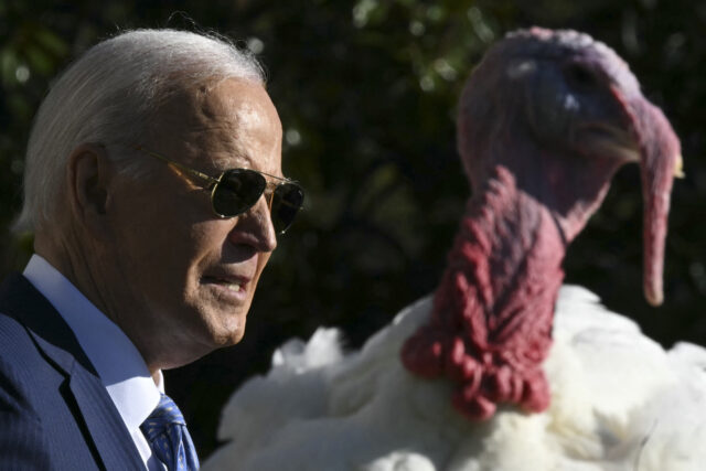 TOPSHOT - US President Joe Biden pardons the National Thanksgiving Turkeys Peach and Bloss