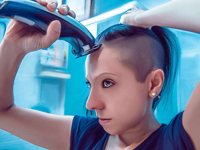 Angry young girl shaves the hair on the blurred background