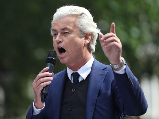 Dutch far-right PVV party leader Geert Wilders speaks at a gathering of supporters of Brit