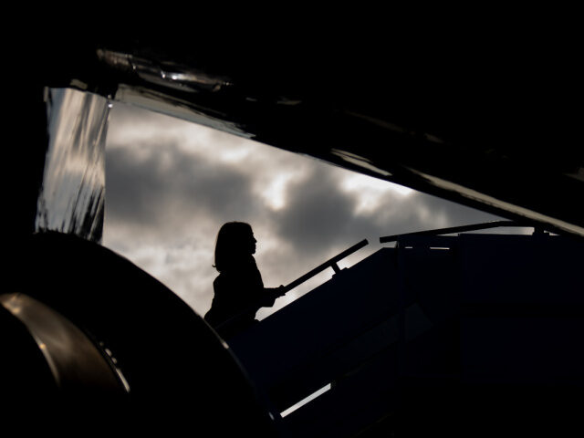 Democratic presidential nominee, U.S. Vice President Kamala Harris boards her plane at Mil