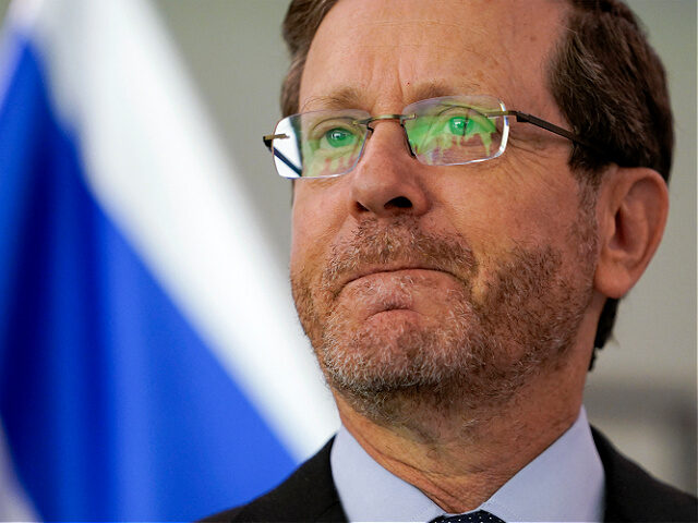 Israel's President Isaac Herzog looks on as he speaks to reporters during a meeting with t