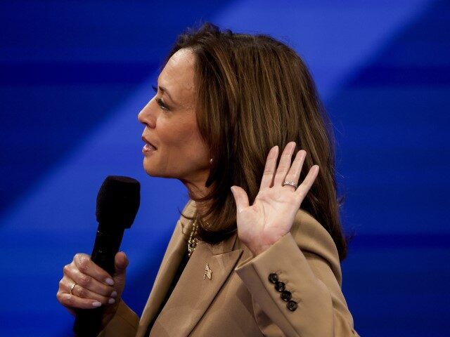 Democratic presidential nominee, U.S. Vice President Kamala Harris, speaks during a Univis