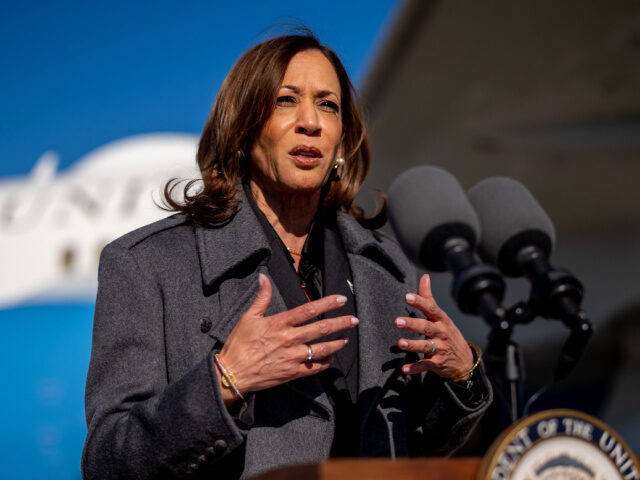 Democratic presidential nominee, U.S. Vice President Kamala Harris speaks to members of th