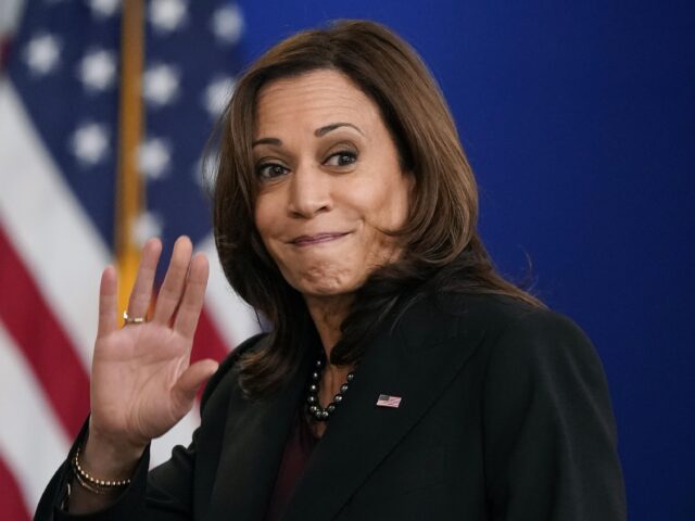 Vice President Kamala Harris waves as she departs after speaking at the Tribal Nations Sum