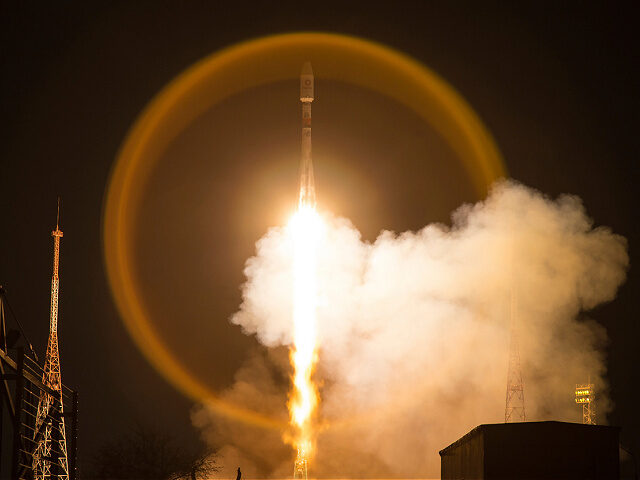 In this handout photo released by Roscosmos Space Agency Press Service, A Soyuz-2.1b launc