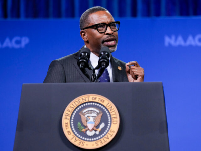 NAACP President and CEO Derrick Johnson speaks before President Joe Biden addresses the cr