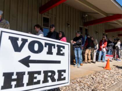 People stand in line at a polling place on the first day of early in-person voting in Blac