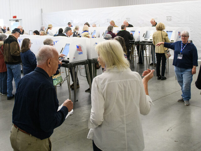 Poll workers help voters inside an early voting site on October 17, 2024 in Hendersonville