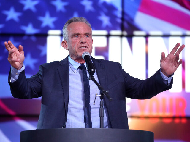 Robert F. Kennedy, Jr. speaking with supporters at a campaign rally at Legends Event Cente