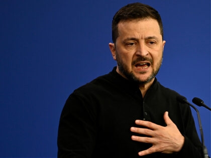 Ukraine's President Volodymyr Zelenskyy speaks during a press conference during the Europe